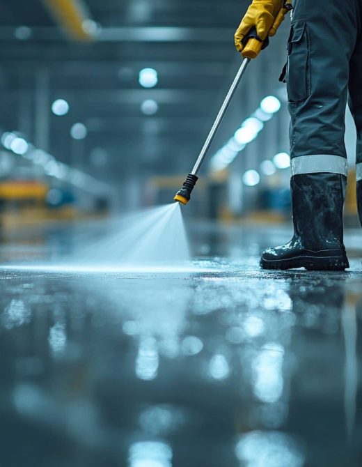 Factory floor cleaning worker pressure washing industrial space