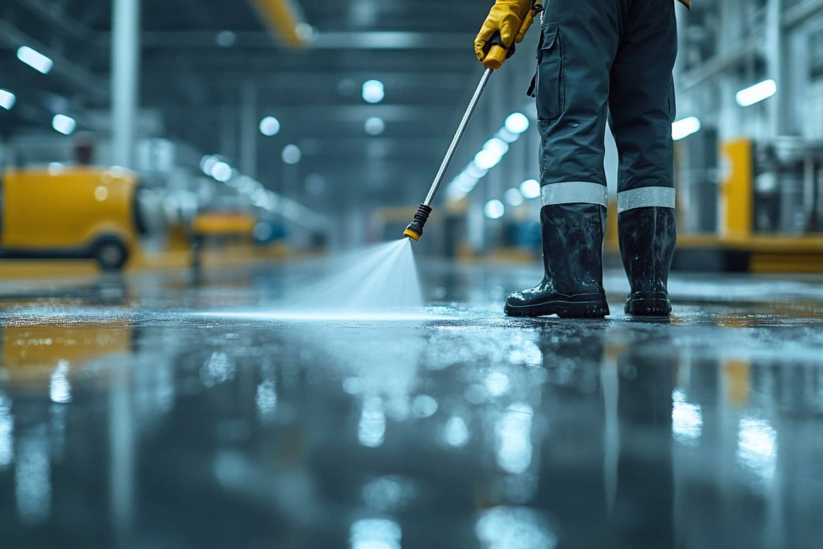 Factory floor cleaning worker pressure washing industrial space