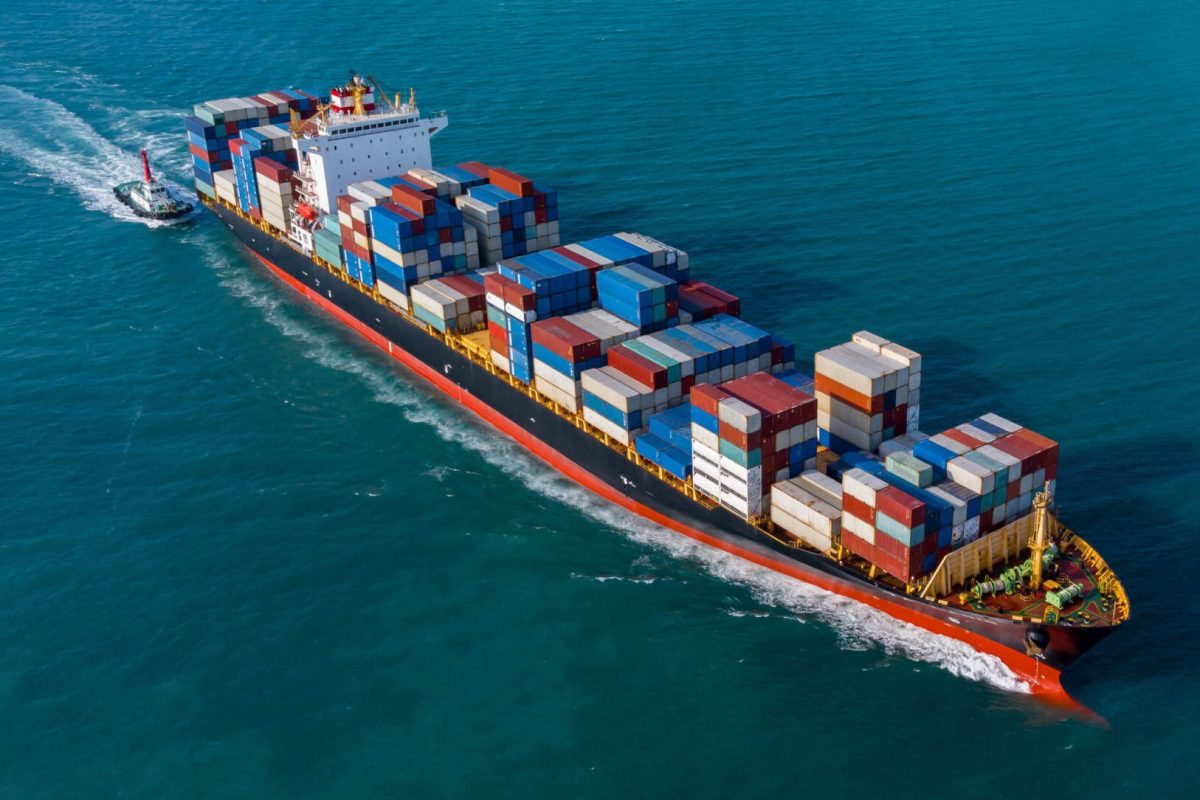 Aerial view container cargo ship maritime freight shipping by container cargo ship, Global business import export commercial trade logistic container cargo ship freight shipping.